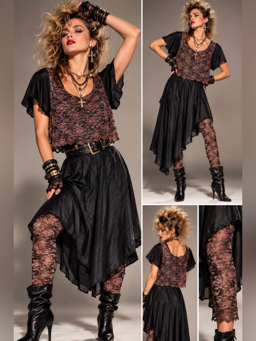 Vintage 2 PC Set ELLE 80s Silk Lace Overlay Skirt Legging Madonna Style Gothic L